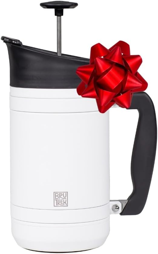 BruTrek Basecamp Coffee Press - Double Wall Vacuum Insulated Stainless Steel - Bru-Stop Technology, No Grounds in Coffee, No Spill Lid (Snowflake White, 32 fl.oz)