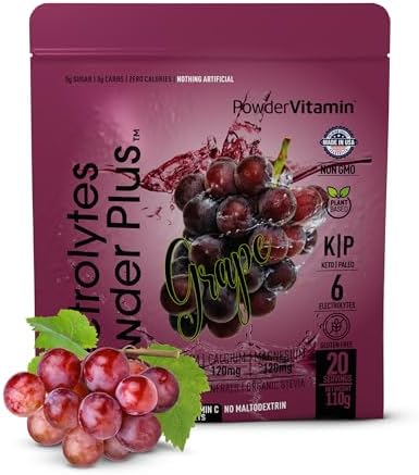 PowderVitamin Electrolytes Powder Plus (20 Servings) Grape Electrolyte Powder Zero Calorie Keto,0 Sugar, No Maltodextrin,1000mg Potassium,120mg Calcium,120mg Magnesium, Pink Himalayan Salt