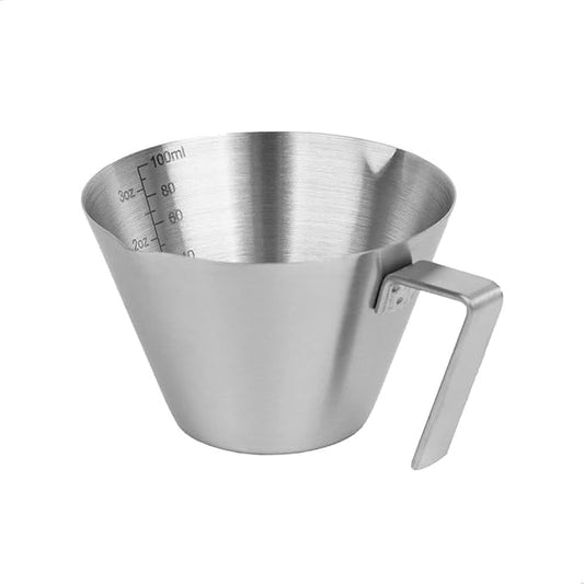 watchget Stainless Steel Espresso Cups, Double Spout & Dual Scale Measuring Cup with Handle, 3.4OZ/100ml Capacity Espresso Accessories for Coffee Brewing (Silver)