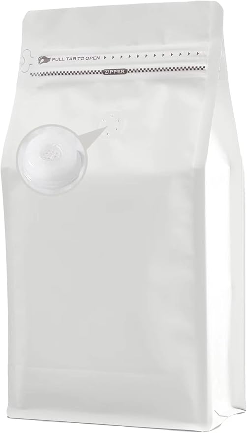Coffee Bags with Valve(16 oz,1 lb,100pcs) White High Barrier Aluminumed Foil Flat Bottom Heat Sealed Coffee Beans Packaging Bags Side Zipper Resealable Bags for Home or Business