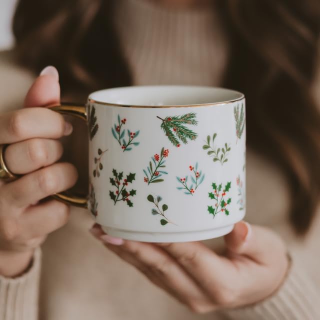 Sweet Water Decor Holiday Greenery Coffee Mug, 14oz China Christmas Mug with Gold Handle, Large Holiday Winter Cup for Coffee, Tea & Hot Chocolate, Stocking Stuffer Gifts for Women