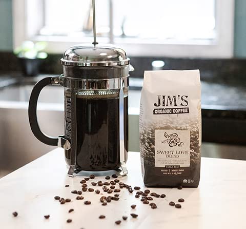 Jim’s Organic Coffee – Sweet Love Blend – Ground - Dark Roast, Bold 11 oz Bag - Certified Organic, Regeneratively Grown, Ethically Traded, Shade Grown Coffee