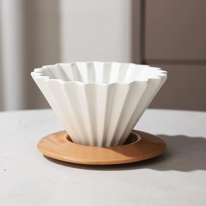 Ceramic Coffee Dripper Pour Over Coffee Maker with Wood Stand Elegant Flower Shape Filter