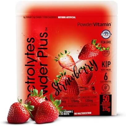 PowderVitamin Electrolytes Powder Plus Keto, Strawberry (50 Servings) 0 Sugar, No Maltodextrin,1000mg Potassium,120mg Calcium,120mg Magnesium,Organic Vitamin C,Zero Calories, Energy Hydration Powder