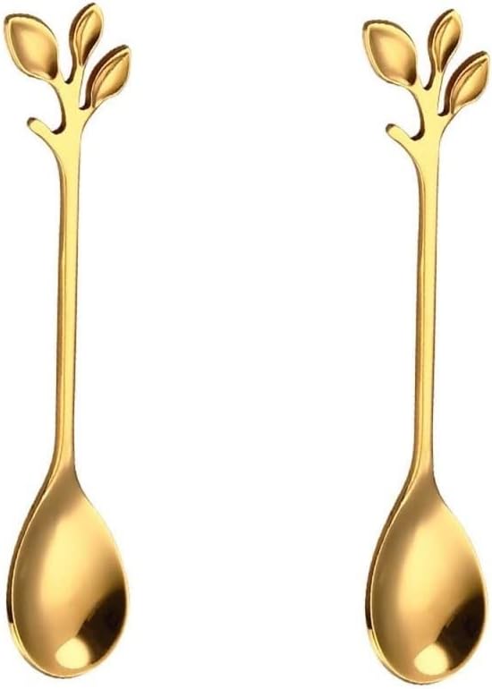 2 Pack Stainless Steel Leaf Coffee Spoon Tableware Dessert Spoons, Stirring, Mixing, Sugar, Stir, Ice Cream, Cake, Teaspoon 4.7 inch Gold