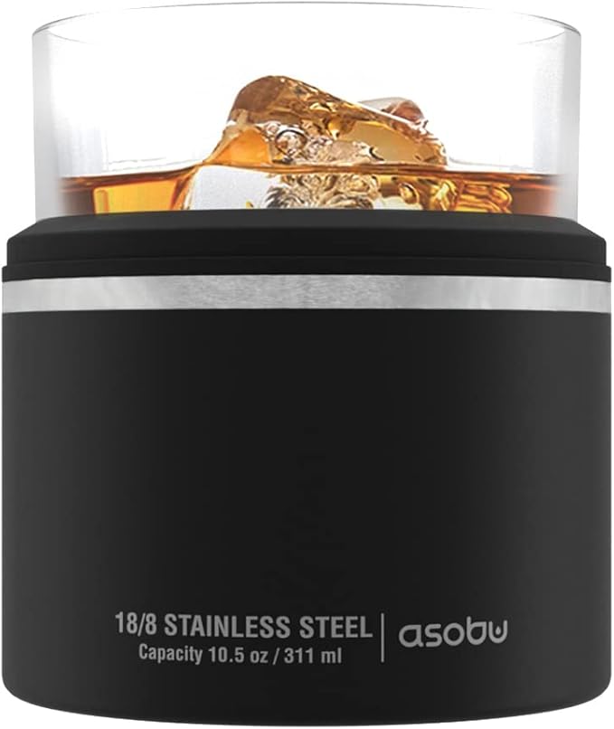 asobu Whiskey Sleeve Glass – Insulated Bourbon Tumbler with Premium Rocks Glass, BPA-Free, Double-Wall Stainless Steel, Keeps Drinks Cold Longer, 10.5oz