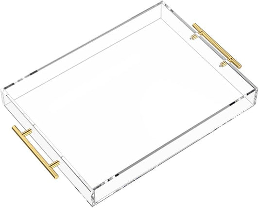 NIUBEE Clear Serving Tray 12x16 Inches -Spill Proof- Acrylic Decorative Tray Organiser for Ottoman Coffee Table Countertop with Round Handles