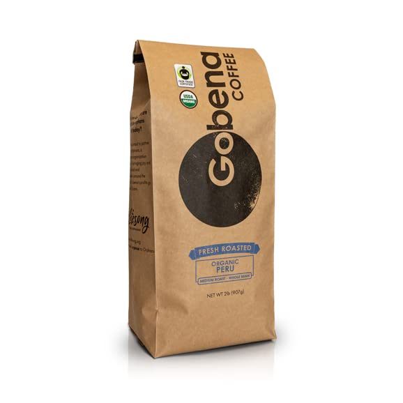 Gobena Coffee 2lb Fair Trade Organic Certified Peruvian Whole Bean Fresh Roasted Specialty, Medium Roast, 100% Arabica Coffee, 32 ounces, 2 pounds, Bulk