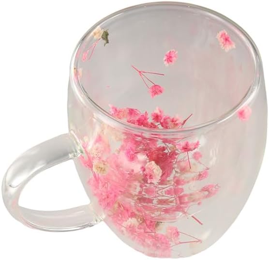 Dried Flower Double Wall Glass Coffee Mugs, 350ML Clear Flower Coffee Mug Cup with Handle Insulated Heat Resistant Glass Cup for Tea Latte Cafe Milk Hot Cold Beverages