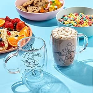 JoyJolt Aroma Disney Mickey and Pluto 13.5oz Glass Coffee Cups Set - 2 Insulated Double Wall Mugs, Large Espresso Cups - Unique Disney Cups
