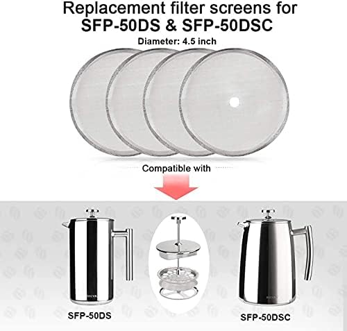 Secura French Press Replacement Screens, Stainless Steel Reusable Mesh Filter for 50 Ounce, 1.5 Liter, 12 Cup Coffee Press, 4 Pack