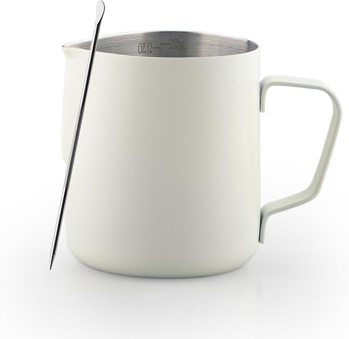 Milk Frother Cup, 12oz/350ml Milk Pitcher, Thickened 304 Stainless Steel Milk Frothing Pitcher for Espresso Coffee, Milk(White)