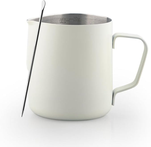 Milk Frother Cup, 12oz/350ml Milk Pitcher, Thickened 304 Stainless Steel Milk Frothing Pitcher for Espresso Coffee, Milk(White)