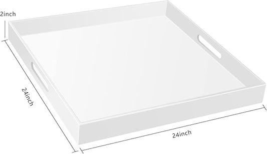 Acrylic Serving Tray with Handles Extra Large Ottoman Tray Decorative Tray (24×24 Inch, Glossy White)
