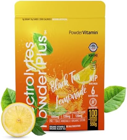 PowderVitamin Electrolytes Powder Plus (100 Servings) Black Tea Lemonade Electrolyte Powder Zero Calorie Keto,0 Sugar, No Maltodextrin,1000mg Potassium,120mg Calcium,120mg Magnesium, Hydration Powder
