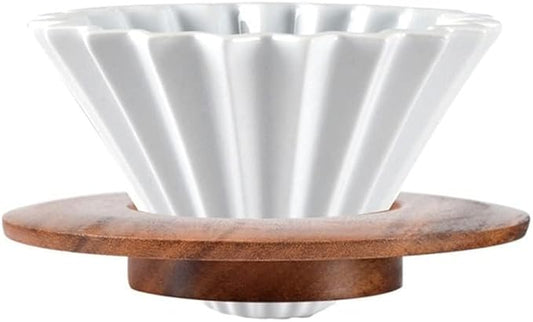 Ceramic Coffee Dripper Pour Over Coffee Maker with Wood Stand Elegant Flower Shape Filter