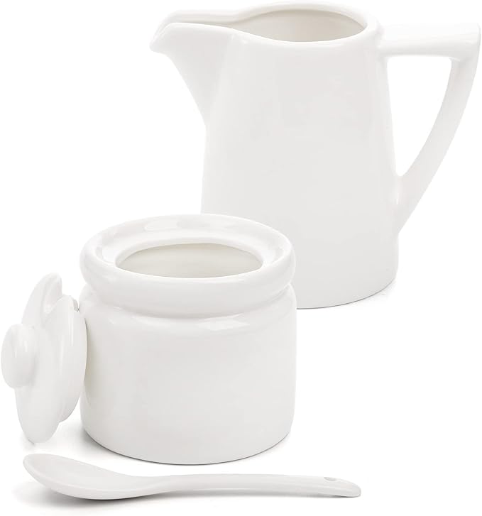 ZENFUN Set of 4 Porcelain Creamer and Sugar Set with Saucer, Sugar Bowl with Lid and Spoon, Cream Pitcher, Sweetener Holder, Coffee Serving Set for Kitchen Home Cafe Christmas Party, Restaurant