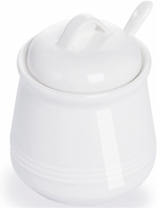 HAOTOP Porcelain Sugar Bowl, Ceramic Salt Bowl with Spoon and Lid for Home and Kitchen, 12 Ounces (White)