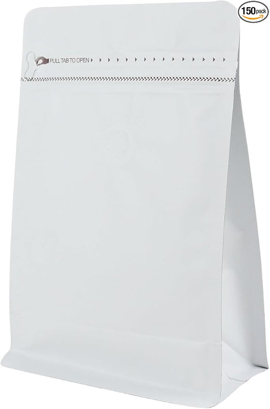 150 Pack High Barrier Stand-Up Coffee Bean Bags with Vented Valve, Matte Metallic, Heat-Sealable and Resealable Solid Color Pouches for Food Storage (6 * 12.8 inch,2 lb,32 oz,White)
