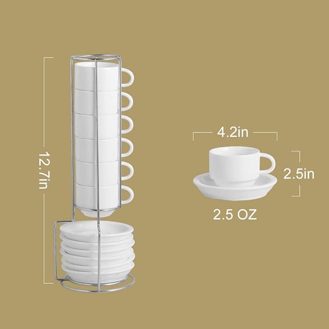 Sweejar Porcelain Espresso Cup & Saucer Set, Stackable Demitasse Cups with Metal Stand, 2.5 OZ for Latte,Coffee,Cafe Mocha,Tea, Set of 6 (Black)