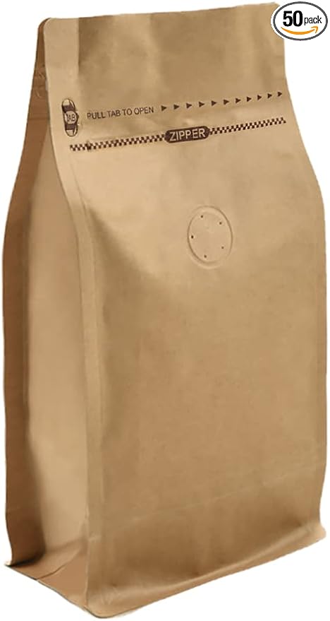 50 Pieces 4 Ounce Kraft Paper Stand Up Coffee Bag/Flat Bottom Pouch with Air Release Valve and Reusable Side Zipper. (50pcs, ¼lb/4oz/100gram)