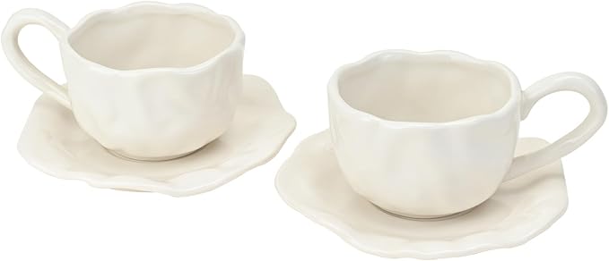 MyBudsBuzz Ceramic Espresso Cups with Saucers 6 oz,Coffe Cups for Cappuccino,Latte,Tea with Saucers Set of 2 - Folds - White