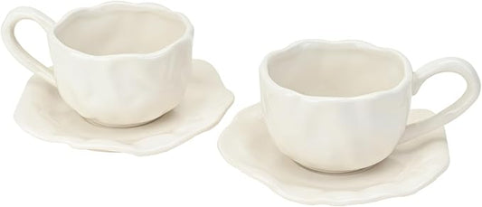 MyBudsBuzz Ceramic Espresso Cups with Saucers 6 oz,Coffe Cups for Cappuccino,Latte,Tea with Saucers Set of 2 - Folds - White