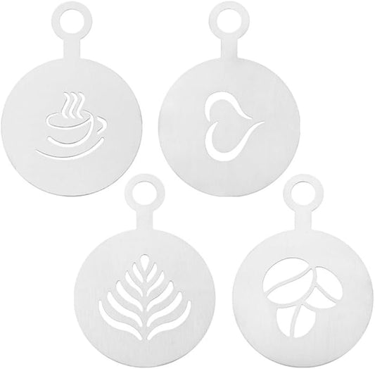 DONGKER Latte Art Stencils,4 PCS Stainless Steel Coffee Stencils with Various Patterns for Kitchen Store Arts Templates