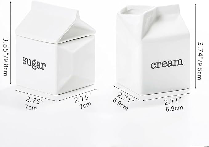 Ceramic Sugar and Creamer Set, Milk Carton Shaped White Cream Jug and Sugar Bowl with lid