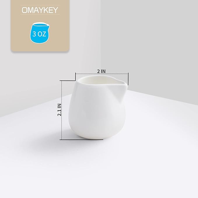 OMAYKEY 3 OZ 6-pcs Mini Porcelain Creamer, Small Ceramic Cream Pitcher Sauce Pitcher Sets Serving for Coffee Tea Milk - White