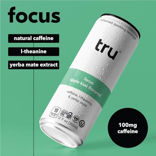Tru Focus Seltzer, Sparkling Water with Green Tea Extract, Yerba Mate, L Theanine & Real Apple Kiwi Juice, Sweetened with Monk Fruit & Stevia, Gluten Free, Vegan, Sugar Free, 12 FL OZ Cans, 12 Pack
