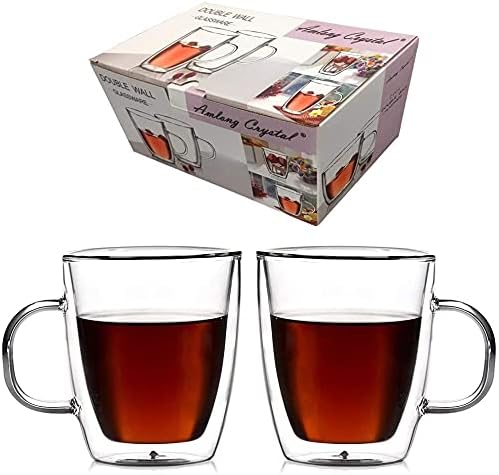 Amlong Crystal Double Wall Glass Coffee Mugs 12 oz, Set of 2