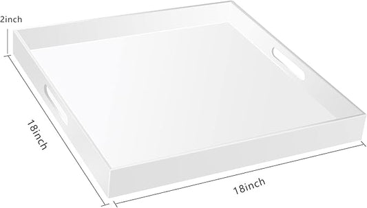 18×18 Inch Golssy White Acrylic Serving Tray with Handles Extra Large Ottoman Tray Decorative Tray Spill-Proof Coffee Table Space Saver Oversize Counter top Organizer Platter with Safe Edge