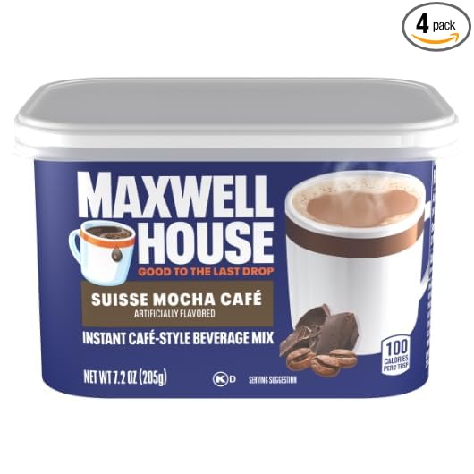 Maxwell House International Suisse Mocha Cafe Beverage Mix, Caffeinated, 7.2 oz Can (Pack of 4)