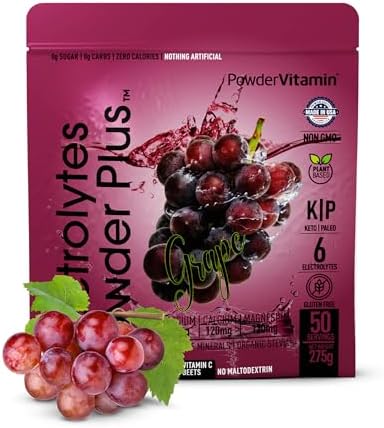 PowderVitamin Electrolytes Powder Plus (50 Servings) Grape Electrolyte Powder Zero Calorie Keto, 0 Sugar, No Maltodextrin,1000mg Potassium,120mg Calcium,120mg Magnesium, Hydration Powder
