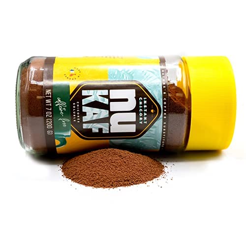 nuKAF By Gourmanity Instant Chicory Coffee Alternative, Brews Like Regular Coffee, All Natural 100% Chicory Root Powder, Great for Your Daily Drink, Rich in Prebiotics, Kosher, 7oz jar