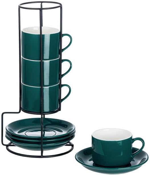 Meichu 4oz Porcelain Stackable Espresso Cups with Saucers and Metal Stand Set of 4, Stackable Espresso Cups Set of 4, Green Expresso Shots Cup Set for Coffee Drinks, Cappuccino Latte, Americano, Tea