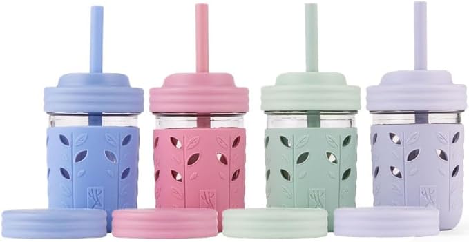 Elk and Friends Kids + Toddler Glass Cups | The Original 8oz Glass Mason Jar with Sleeves + Lids | Silicone Straws + Stopper | Smoothie Cup | Food Storage | Spill Resistant | Dishwasher Safe | 4 Pack