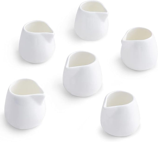 TAMAYKIM 3 oz Ceramic Cream Jugs, Mini Creamer Pitcher, White Porcelain Classic Creamers for Coffee, Tea, Milk, Jam, Sauces, 6 Pack