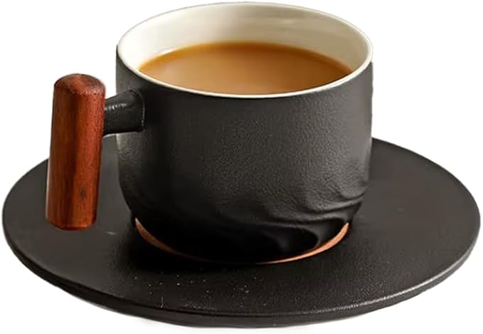 PRINCE G Japanese Style Ceramic Mug 130 ml with Matching Saucer – Handmade Minimalist Espresso, Coffee, Tea & Matcha Cup, Ideal Gift Set with Handgrip (BLACK)