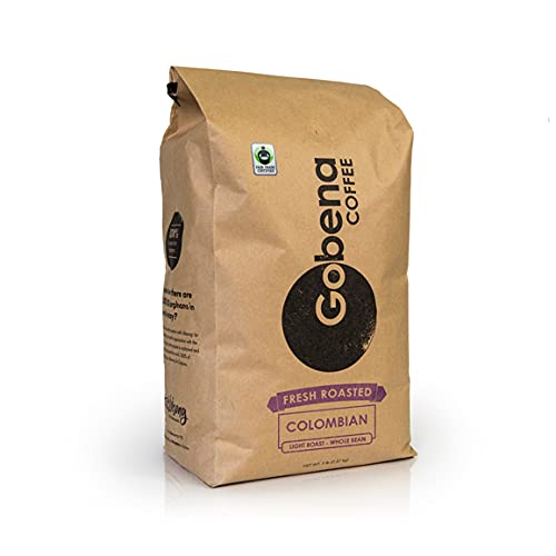 Gobena Coffee 5lb Fair Trade Organic Certified Colombian Whole Bean Light Roast, 100% Arabica Specialty Coffee, 80 ounces, 5 pounds, Bulk