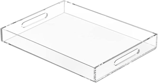 NIUBEE Clear Serving Tray 12x16 Inches -Spill Proof- Acrylic Decorative Tray Organiser for Ottoman Coffee Table Countertop with Handles