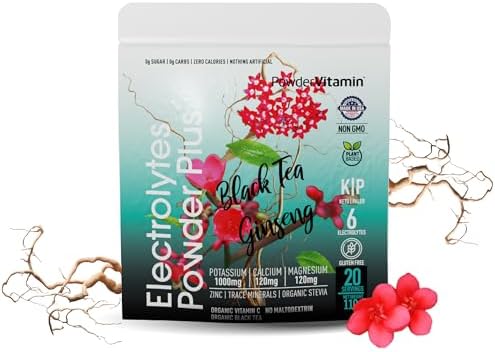 PowderVitamin Electrolytes Powder Plus (20 Servings) Black Tea Ginseng Electrolyte Powder Keto, Sugar Free, Pink Himalayan Salt,1000mg Potassium,120mg Calcium,120mg Magnesium, Hydration Powder