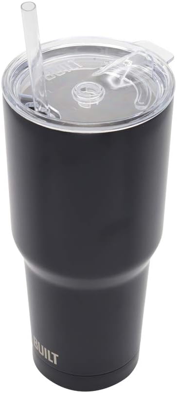 BUILT Double Walled Stainless Steel Tumbler Set with Replacement Lid, 2 Reusable Tritan Wire Straw Cleaning Brush in Gift Box, 1 Count (Pack of 1), Black, 30 fl.oz.