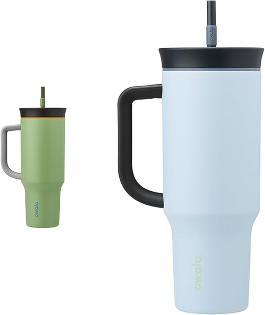 Owala 40oz Stainless Steel Insulated Travel Tumblers, Green & Blue, with Spill Resistant Lid, Straw, Carry Handle (Brave Adventures & The Great Blue)