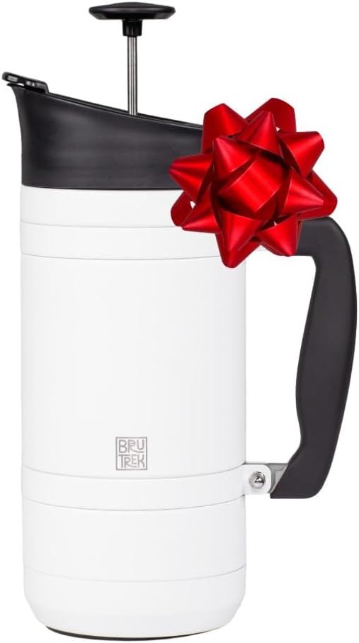 BruTrek Basecamp Coffee Press - Double Wall Vacuum Insulated Stainless Steel - Bru-Stop Technology, No Grounds in Coffee, No Spill Lid (Snowflake White, 48 fl.oz)