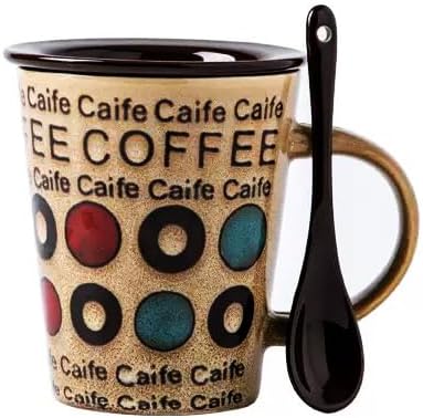 Ceramic Coffee Cup with Spoon and Lid, 12 oz Coffee Mug, Microwave Dishwasher Safe, Cup for Latte, Hot Tea, Cappuccino, Farmhouse Mug Novelty Rustic Glaze Cup, Christmas Gift Letter Khaki