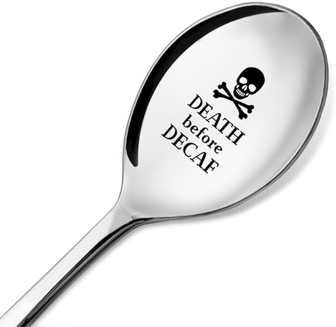 Death Before Decaf Engraved Stainless Steel Spoon, Funny Teaspoons Coffee Spoon Stirring Spoons Design for Halloween Party Kitchen, Birthday Halloween Gifts for Coffee Lover Friends Barista