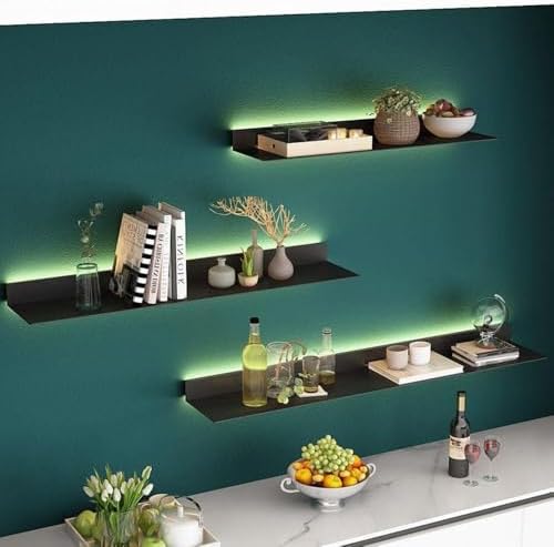LED Floating Wall Shelves, Metal Display Storage for Home & Office, Wall-Mounted Steel Plate Shelf, Stylish Organizer for Bars, 100x20x6CM, Modern Decor