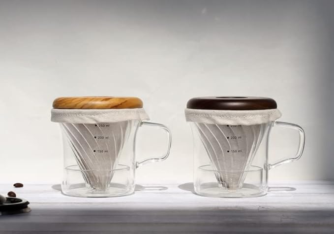 ATHIA Glass Pour Over Coffee Dripper Set, Glass Cone Dripper, Reusable Cloth Filter, Leather Cup Sleeve, Minimal Single Cup SET, for outdoor, office or at home (Walnut Wood)